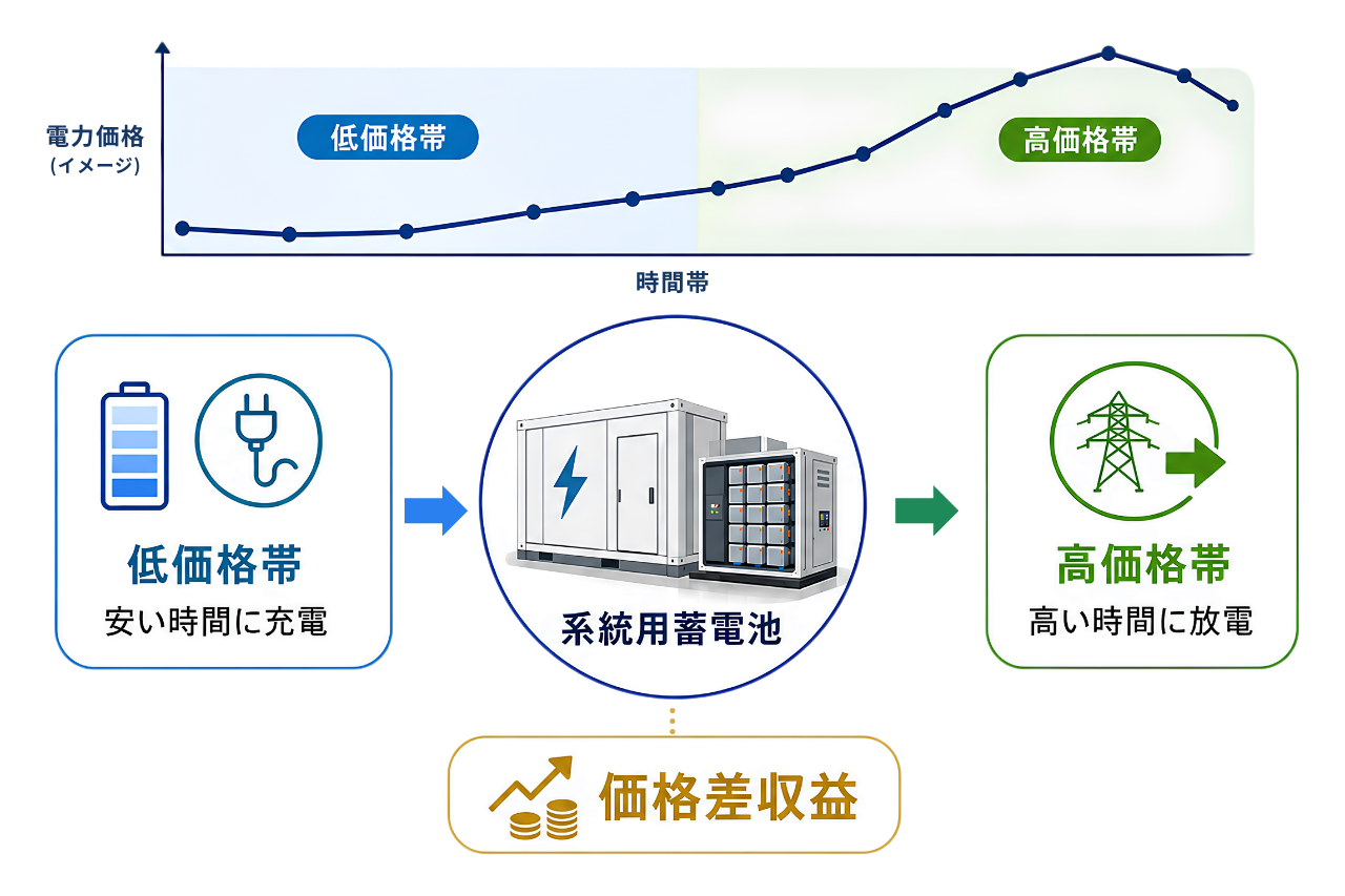 安い時間に充電、高い時間に放電する価格差収益の図