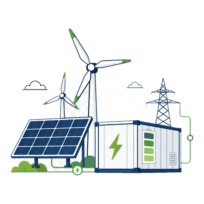 太陽光発電や風力発電と系統用蓄電池を組み合わせるイメージ