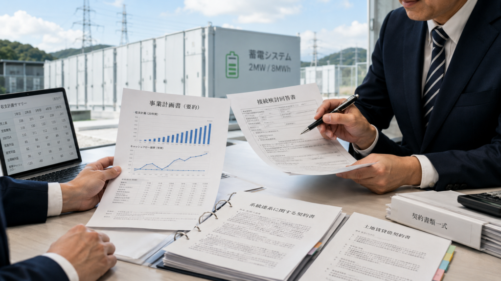 系統用蓄電池事業の融資について金融機関と協議するイメージ