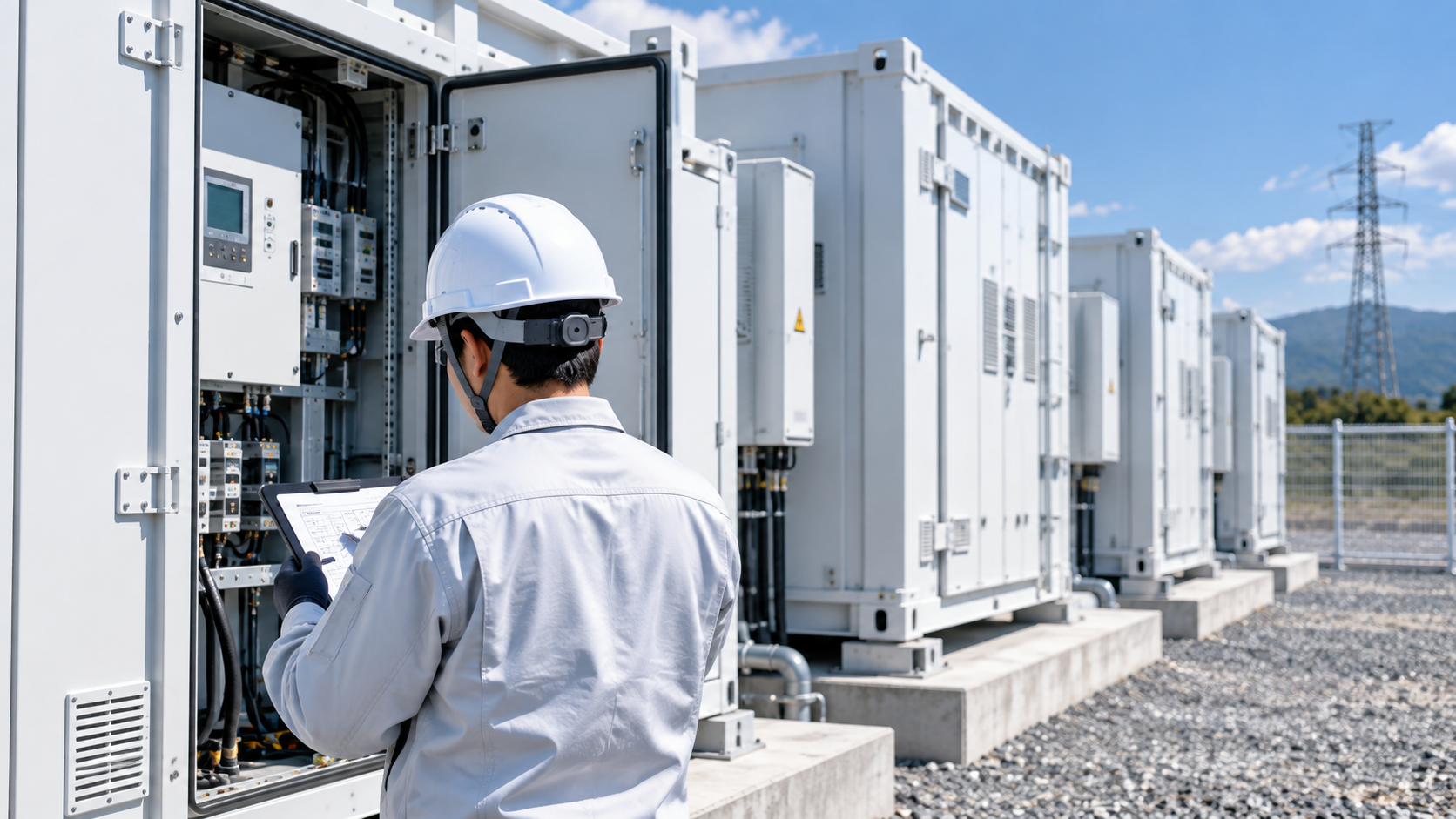 系統用蓄電池の設備を現地で点検している様子を示すイメージ