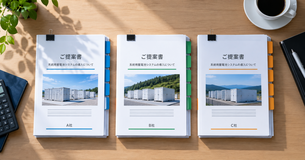 複数社の提案書を同じ基準で並べて比較するイメージ