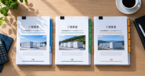 複数社の提案書を同じ基準で並べて比較するイメージ